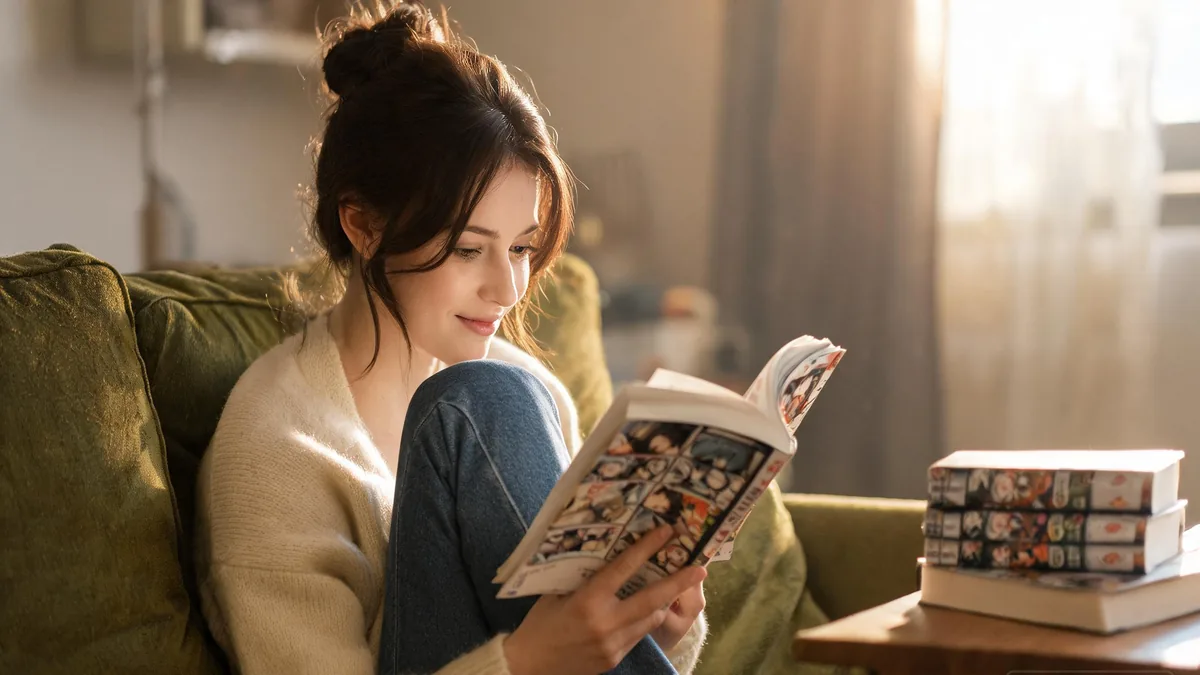 Manga reader smiling softly in a sunlit bookstore nook, the everyday warmth of falling into a great chapter on a quiet afternoon