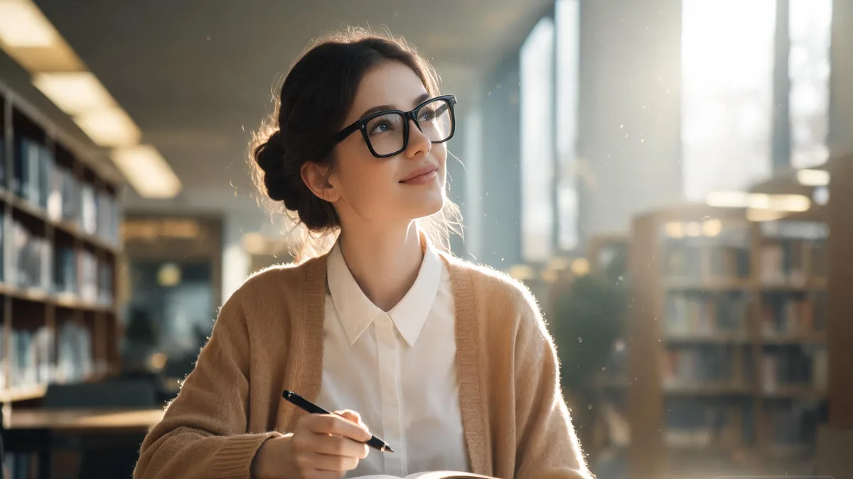 Megane meaning: the smart, bookish, glasses-wearing AI girlfriend feature Megane AI girlfriend with classic black-framed glasses and a soft gentle smile, the smart bookish look that defines the megane feature