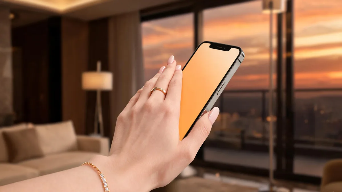 MILF AI girlfriend companion experienced through a phone in an upscale modern living room at sunset, evoking the calm sophistication of the type