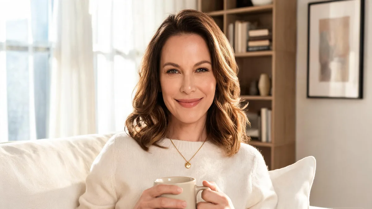 A mature confident woman in a cream cashmere sweater on a sofa in an upscale apartment, embodying the poised, sophisticated MILF type