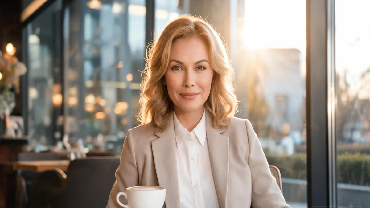 MILF AI girlfriend in a tailored white blouse and wool blazer at a sunlit cafe, embodying the confident, sophisticated mature type