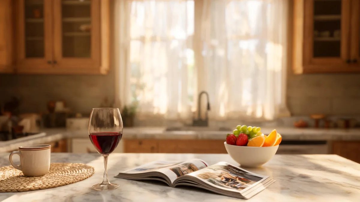 The pop-culture origin of the MILF type, a 1990s suburban kitchen scene with a wine glass and an open magazine, evoking the era that pushed the term into the mainstream