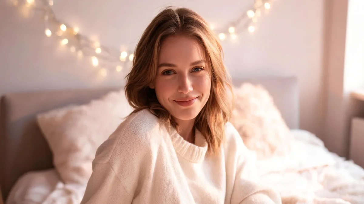 NSFW meaning: the internet's tag for adult content, set in a cozy intimate scene NSFW AI girlfriend with a soft confident smile in a cozy sunlit bedroom, illustrating the meaning of the NSFW content tag