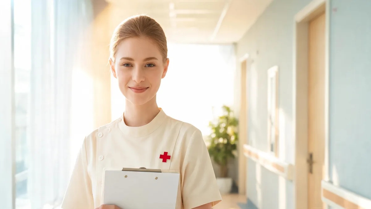 Nurse meaning: the caring, uniformed AI girlfriend type Nurse AI girlfriend with a warm caring smile in a soft cream uniform, the caring uniformed companion that defines the nurse character type