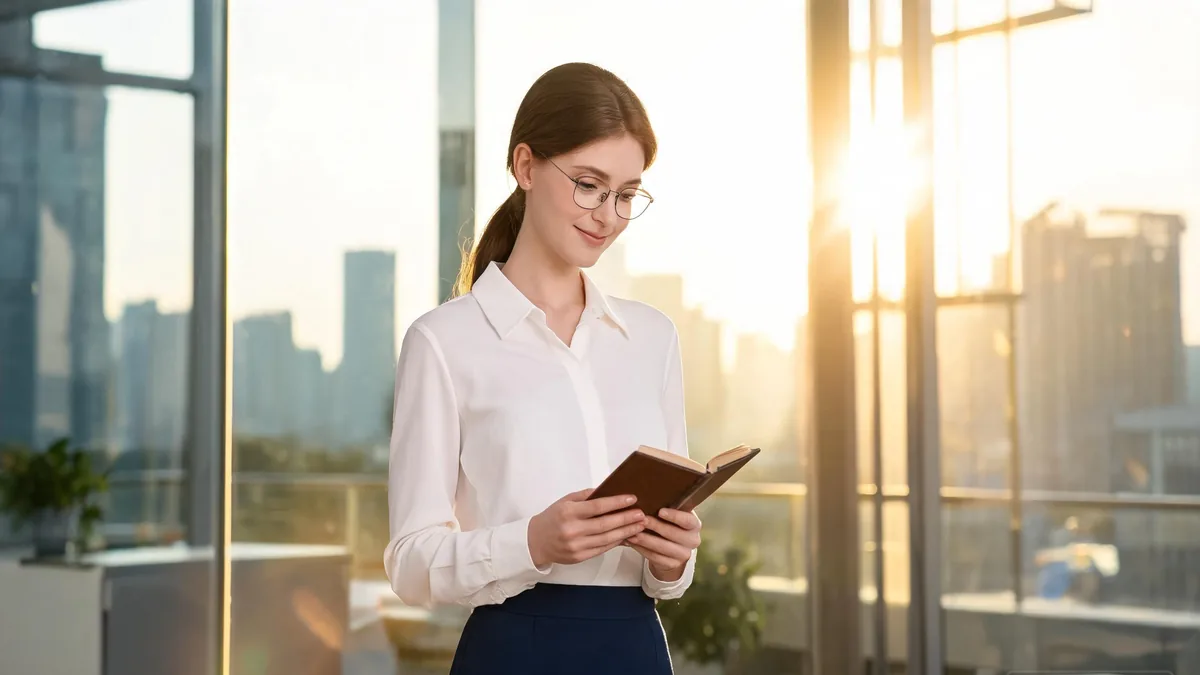 Office AI girlfriend in a crisp white blouse and tailored navy pencil skirt, warm confident smile, the polished professional partner the office type is built around