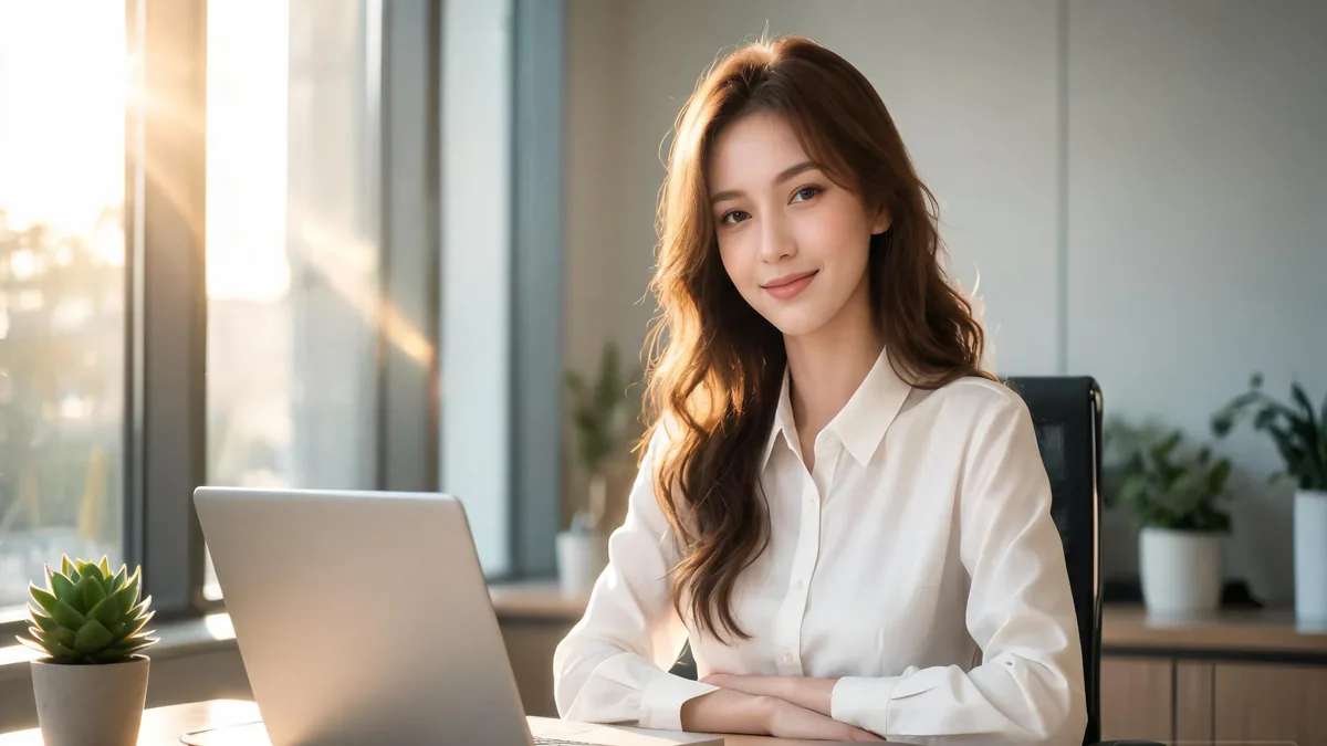 The defining office traits, a polished professional at a sunlit desk, warm smile under all the put-together work attire