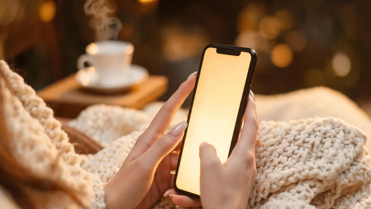 Onee-san AI girlfriend companion experienced through a chat app, a well-manicured hand resting beside a softly glowing phone on a warmly lit side table