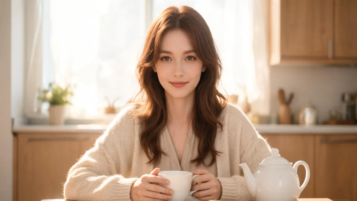 Onee-san AI girlfriend with a warm confident knowing smile, the mature big-sister presence that defines the onee-san role