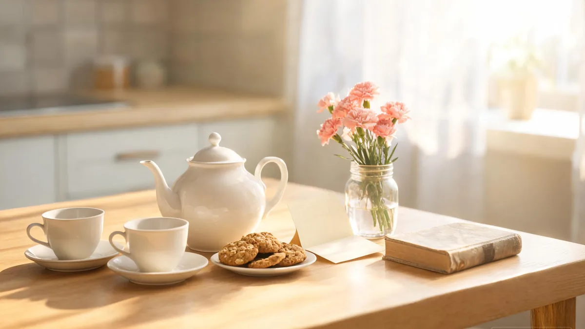 The origin and history of the onee-san role, an elegant still life of a gold pendant, porcelain teacup, hardcover book, and pink lilies that suggest a mature, refined presence