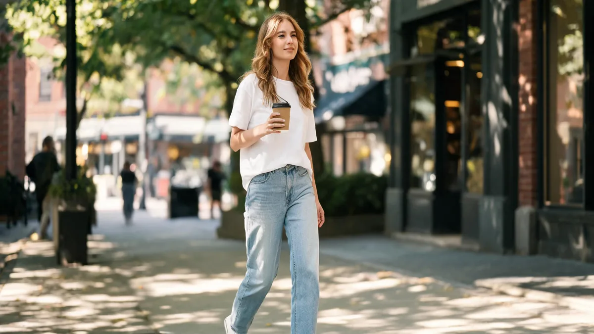 The defining traits of a realistic AI companion, a woman walking down a sunlit street with natural light and a candid, photo-real look