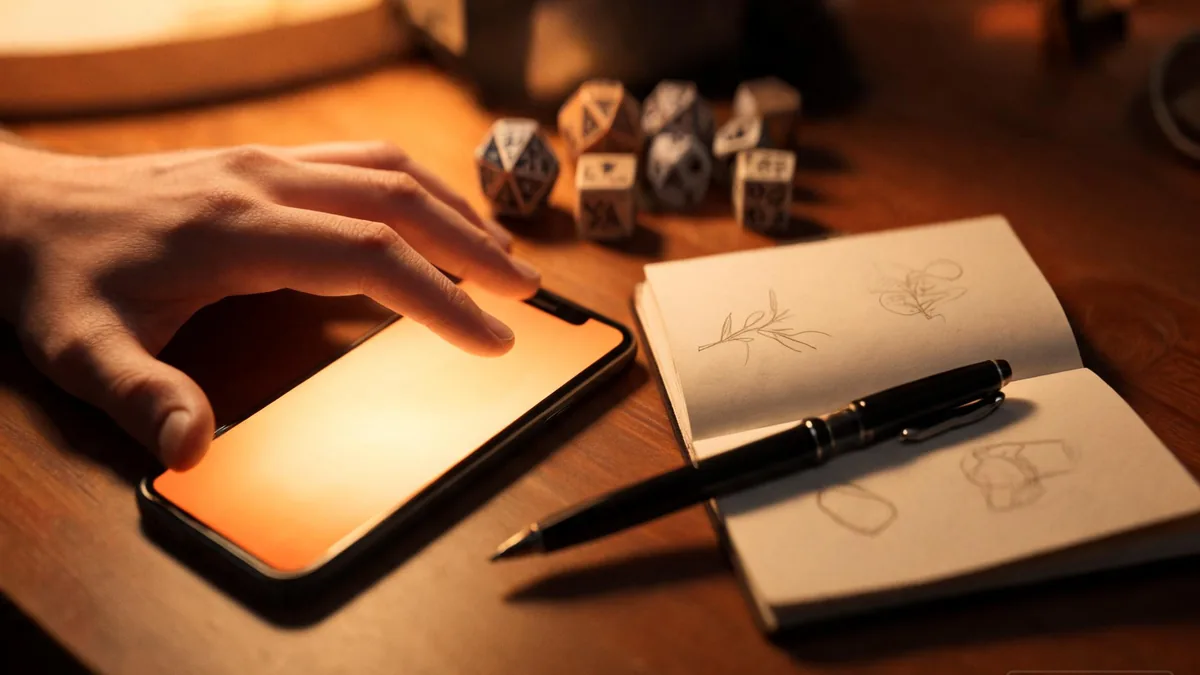 Roleplay with an AI girlfriend companion through a phone, with a notebook of sketches and dice nearby suggesting a creative in-character scene