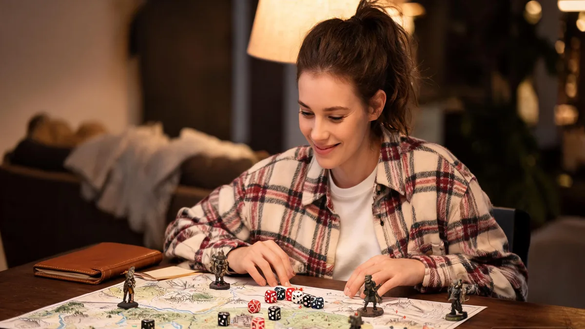 Roleplay with an AI girlfriend, evoked by a friendly woman at a tabletop gaming setup with dice, a notebook, and miniatures in warm lamp light