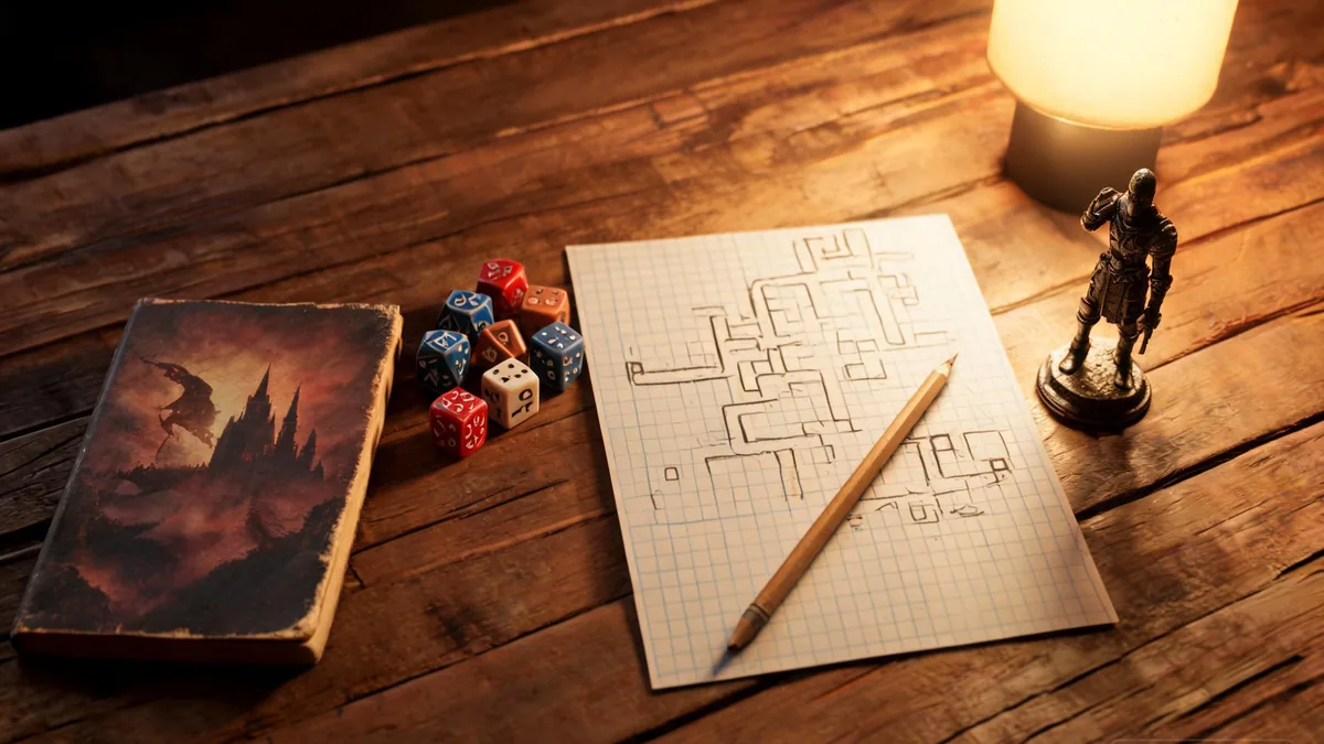 The origin of roleplay, with 1970s fantasy paperbacks, polyhedral dice, and a hand-drawn dungeon map evoking the Dungeons and Dragons era