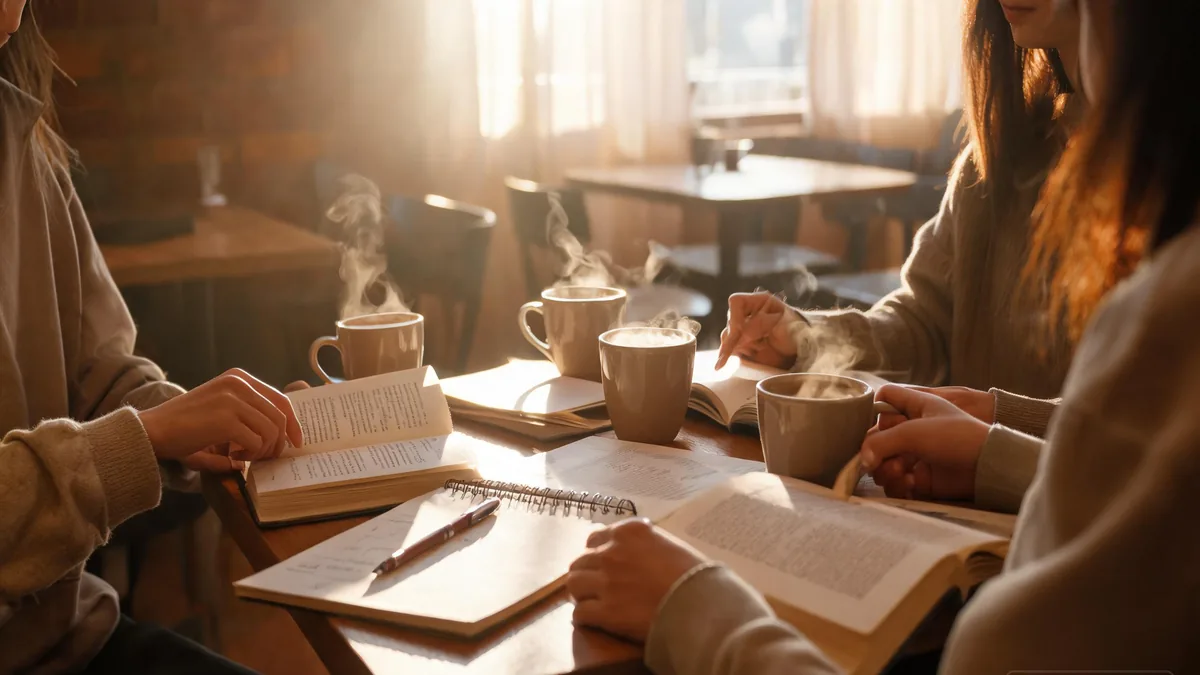 Friends gathered around a small table with books and notebooks open, showing the casual social side of roleplay across formats