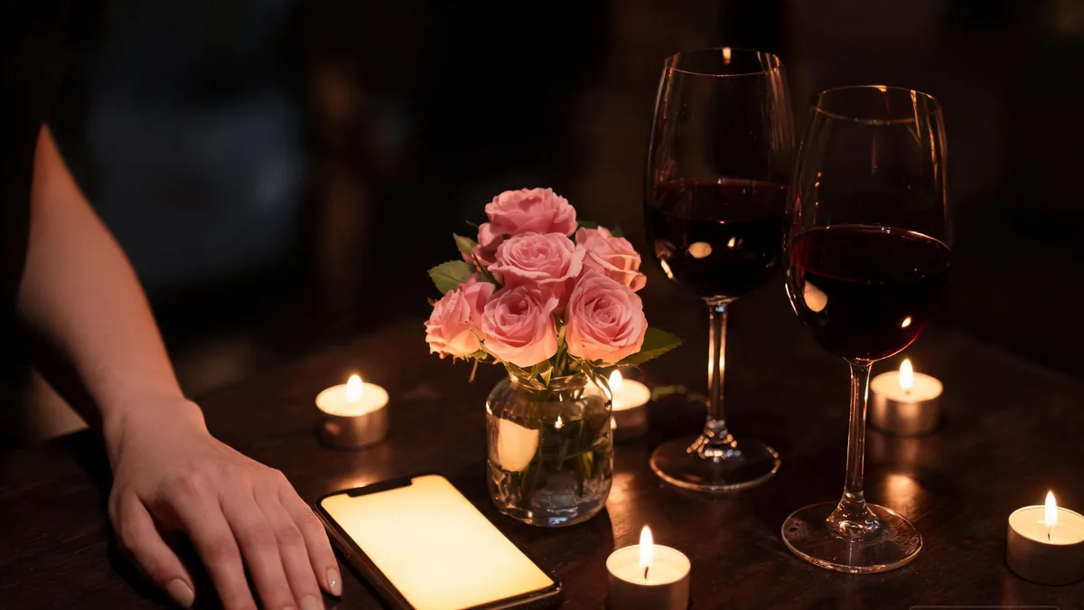 Romantic AI girlfriend companion experienced through a chat app, the kind of partner who plans the sweet stuff and makes a regular night feel special