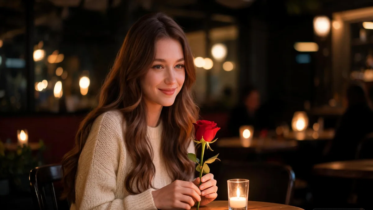 Romantic AI girlfriend with a warm gentle smile, holding a single red rose at a candlelit table, the kind of partner who treats love as something special