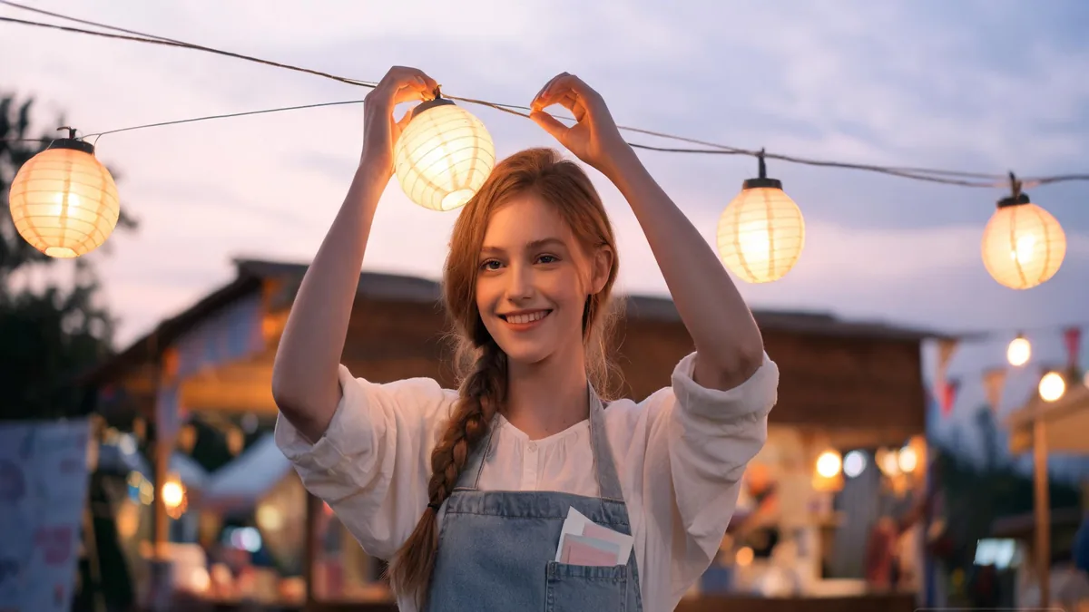 AI girlfriend smiling brightly at a busy school festival, holding a candy apple under warm paper lanterns at golden hour