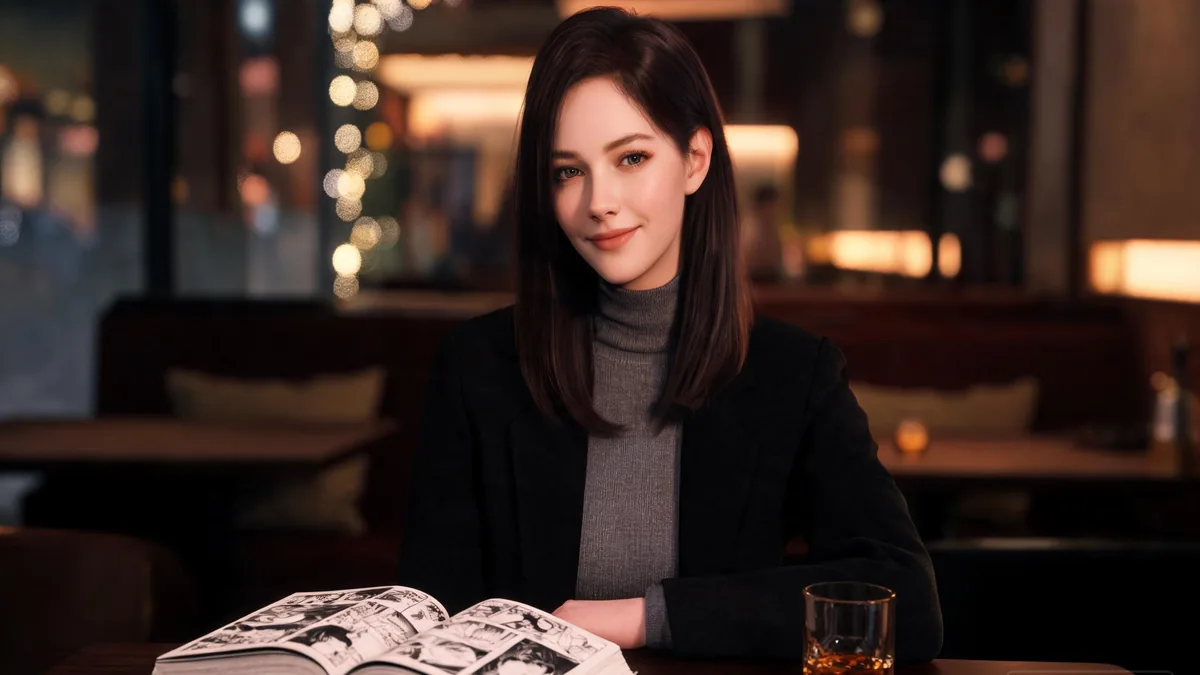 Thoughtful woman in a black turtleneck reading a hardcover graphic novel by warm lamp light, an evocative portrait of the seinen reader