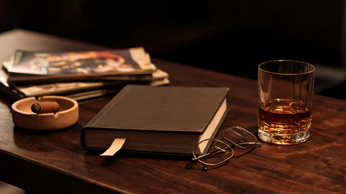 Origin of seinen, vintage seinen manga volumes on a dark wood desk with a coffee mug, leather notebook, and reading glasses under warm lamp light