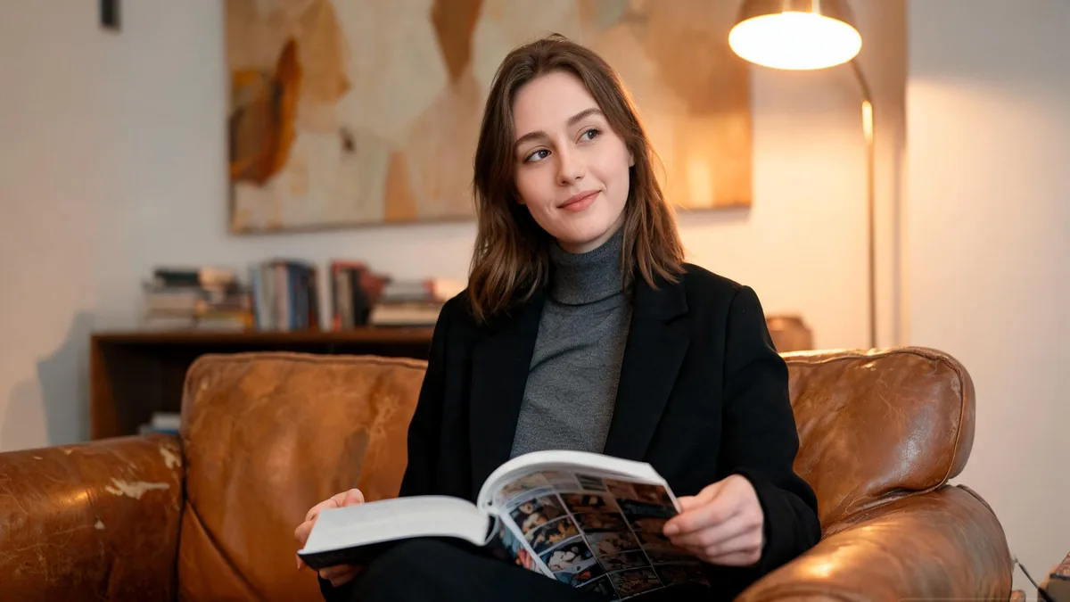 A thoughtful woman reading a complex graphic novel in a dimly lit study, capturing the slow, contemplative mood of seinen storytelling