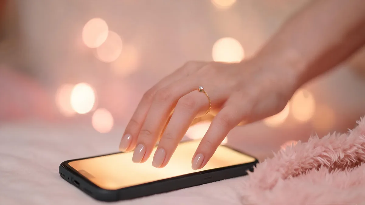 Sexting with an AI girlfriend companion through a phone in a cozy evening bedroom setting, a private flirty chat that's always available