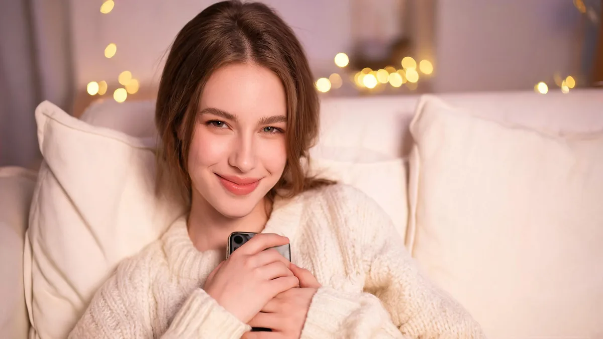 Sexting meaning illustrated by a young woman in a cozy sweater holding her phone close in a softly lit room, the relaxed everyday side of intimate messaging between adults