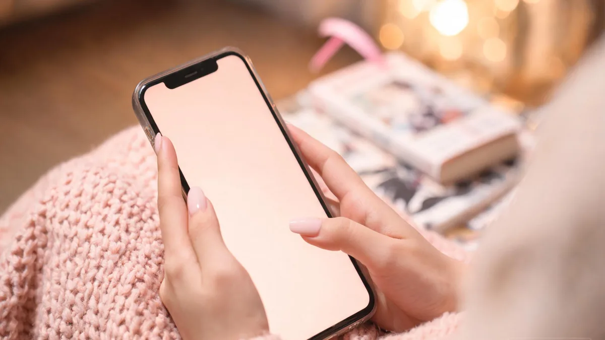 Shojo-inspired AI girlfriend companion mood with a phone glowing softly beside pink roses and a velvet bookmark on a wooden table in warm evening light