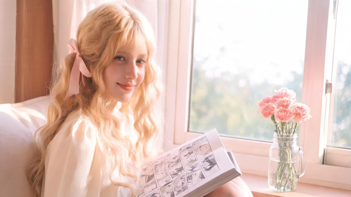 Shojo meaning: the romantic, emotional manga and anime category for girls Shojo-inspired AI girlfriend with soft pink hair and a dreamy smile, holding a romance novel in a flower-filled garden