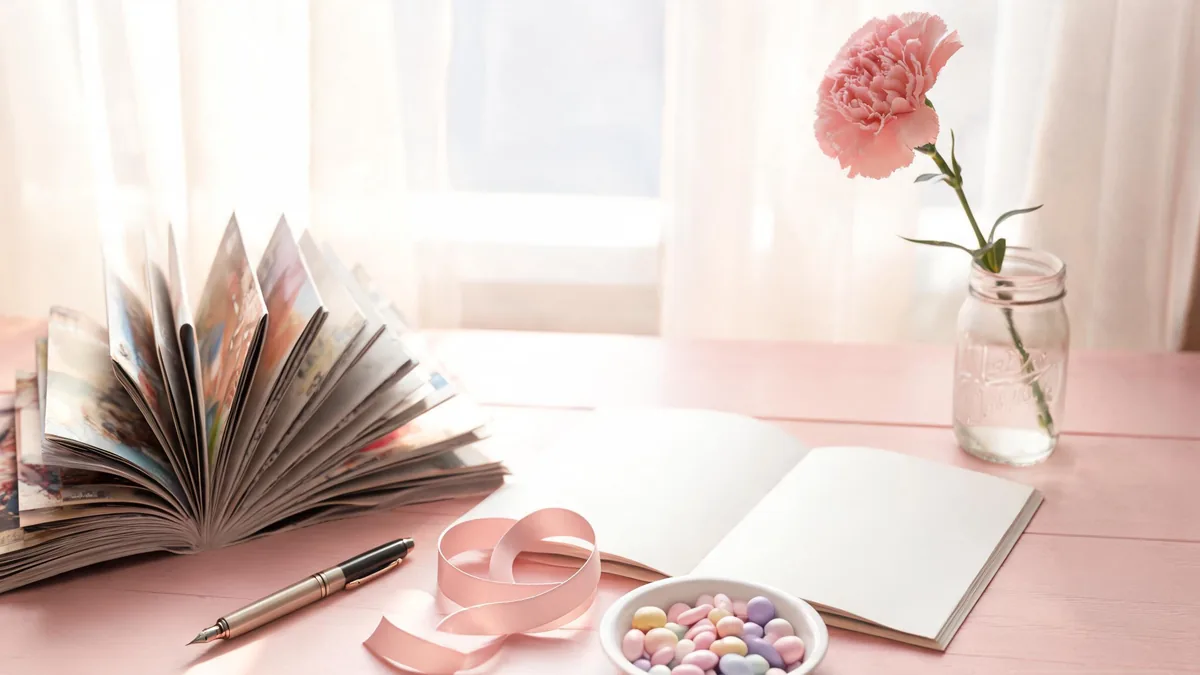 The origin and history of shojo manga, with vintage volumes, pressed flowers, and a velvet ribbon on a warm wooden desk in soft window light