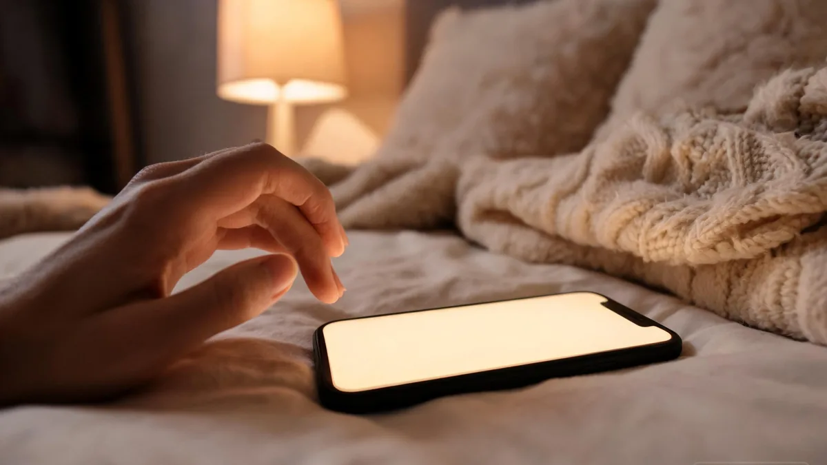 Shy AI girlfriend companion in a cozy chat at night, soft warm light, the slow-burn feeling of a quiet conversation that means a lot