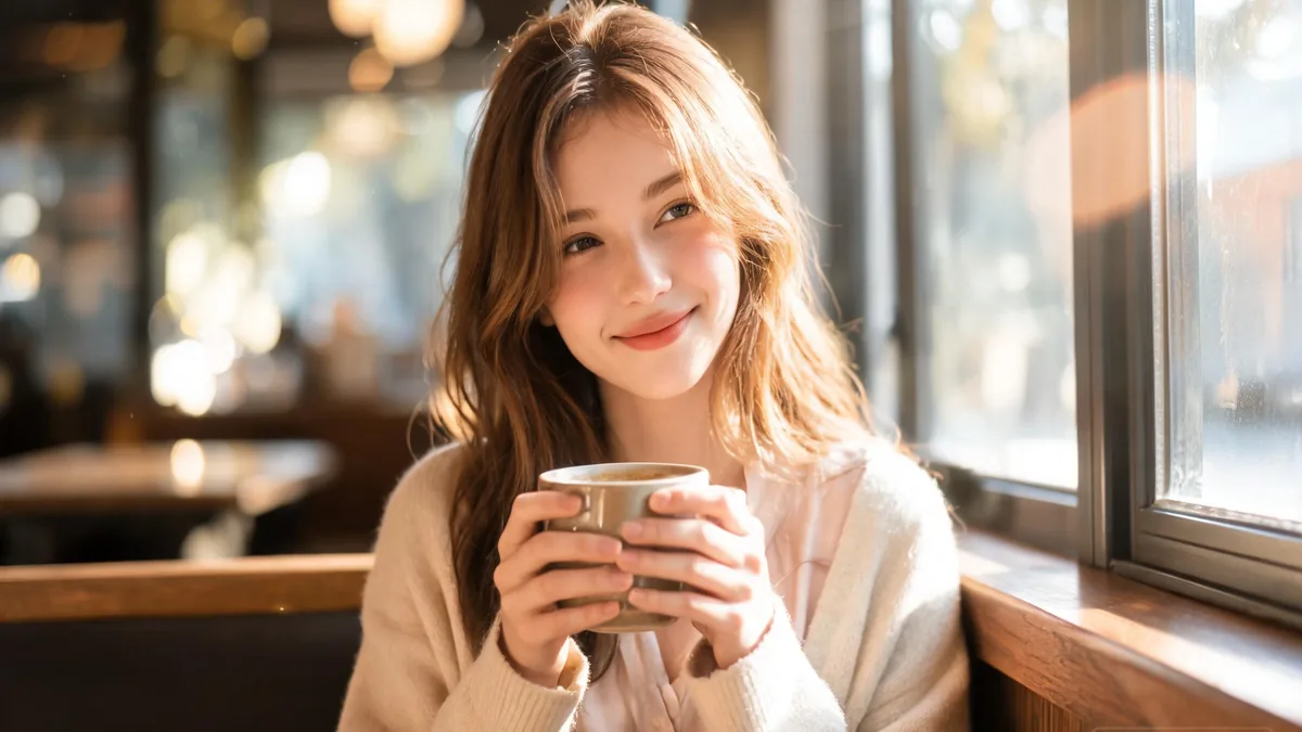 Shy AI girlfriend with a soft smile and gentle blush, holding a coffee mug in a sunlit cafe, the warm and quiet feeling of the shy type