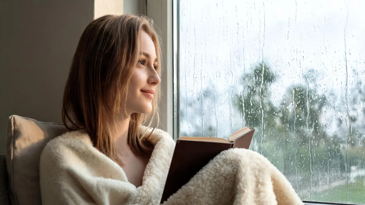 Shy personality traits in a quiet companion, sitting by a rainy window with a book and a soft blanket