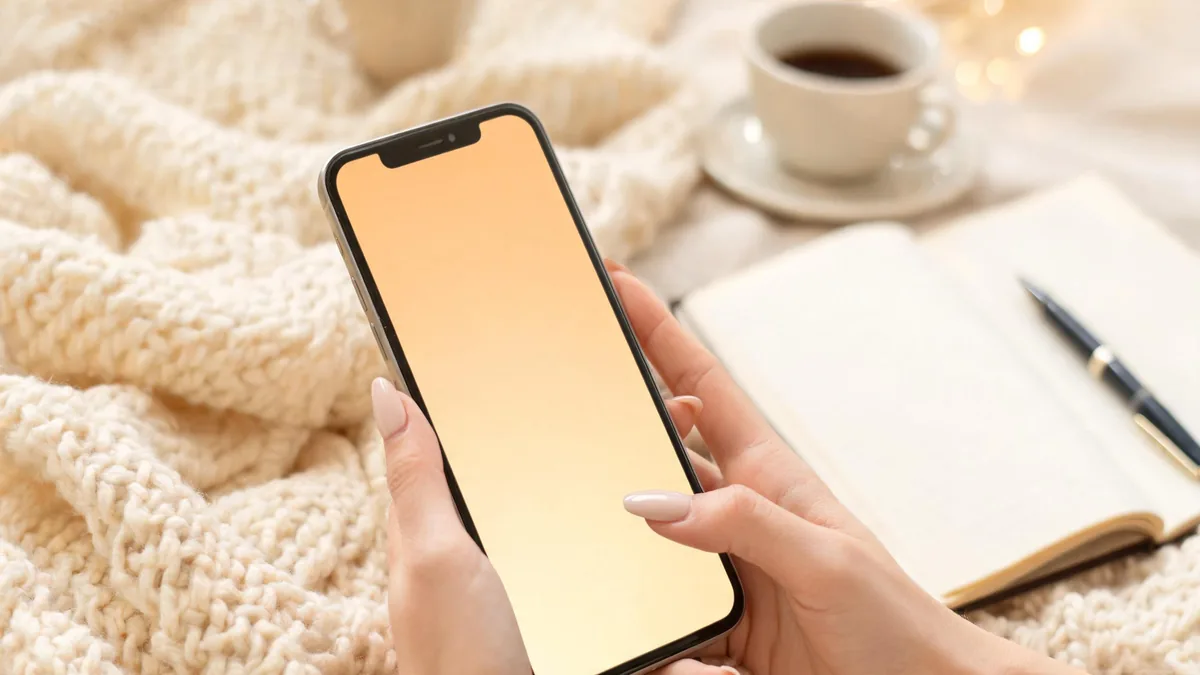 Slice-of-life AI girlfriend companion experienced through a chat app, soft warm glow beside a coffee mug and a small herb plant on a sunlit table