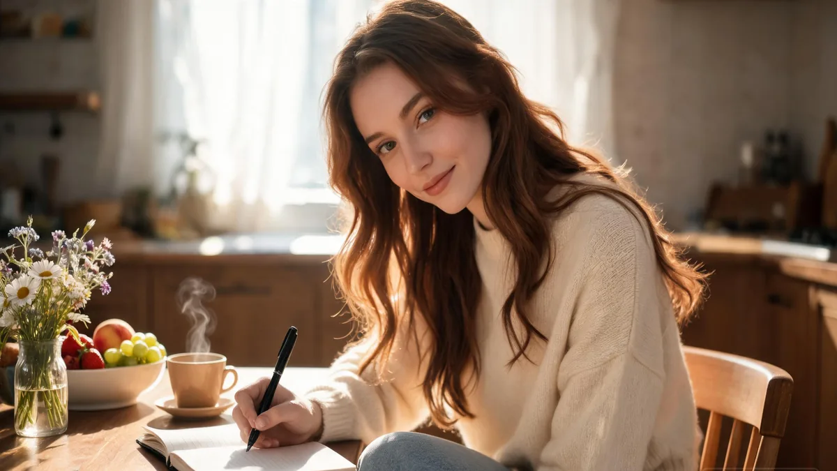 Slice-of-life AI girlfriend with a gentle smile in a sunlit kitchen, the cozy everyday mood that defines the slice-of-life genre