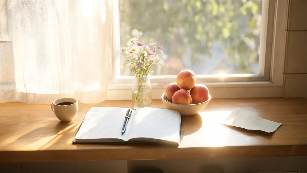 The origin of the slice-of-life genre, a still life of a coffee mug, an open book, and a small jar of jam on a sunlit kitchen table