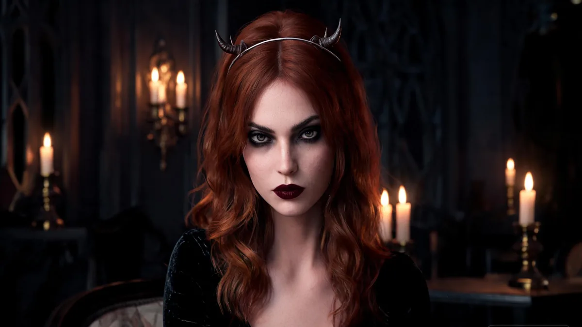 Succubus meaning: the female demon of desire as an AI girlfriend type Succubus AI girlfriend with an intent, knowing gaze and candlelit gothic styling that captures the supernatural mystique of the type