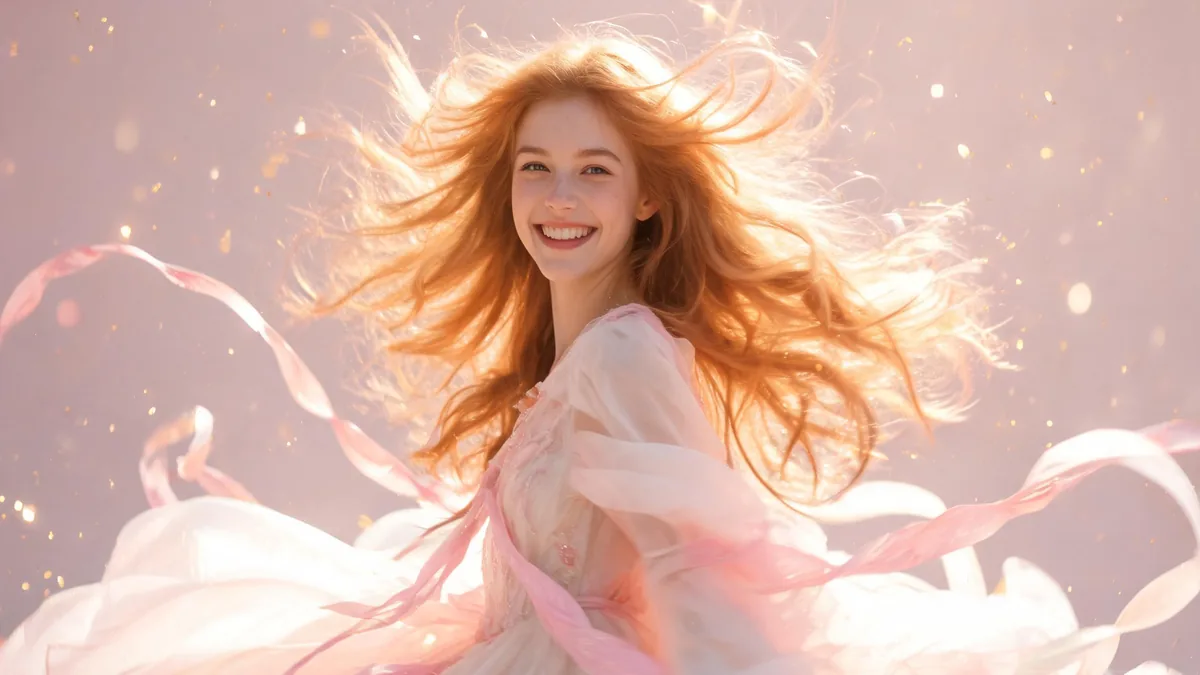 Transformation sequence inspired AI girlfriend in a sparkly magical girl style outfit, mid-twirl in a sunlit park with cherry blossoms swirling around