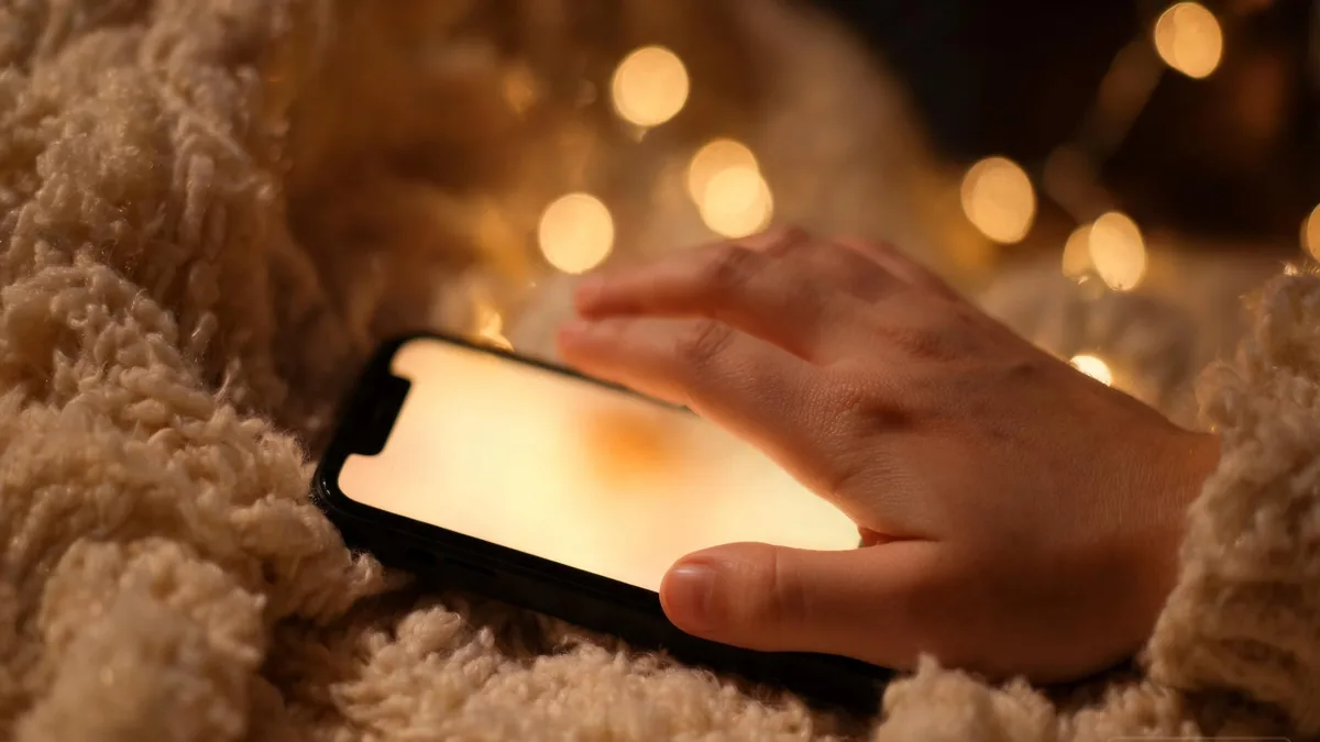 Uncensored AI girlfriend chat experienced through a phone in a private cozy moment, an open intimate conversation made for grown adult users
