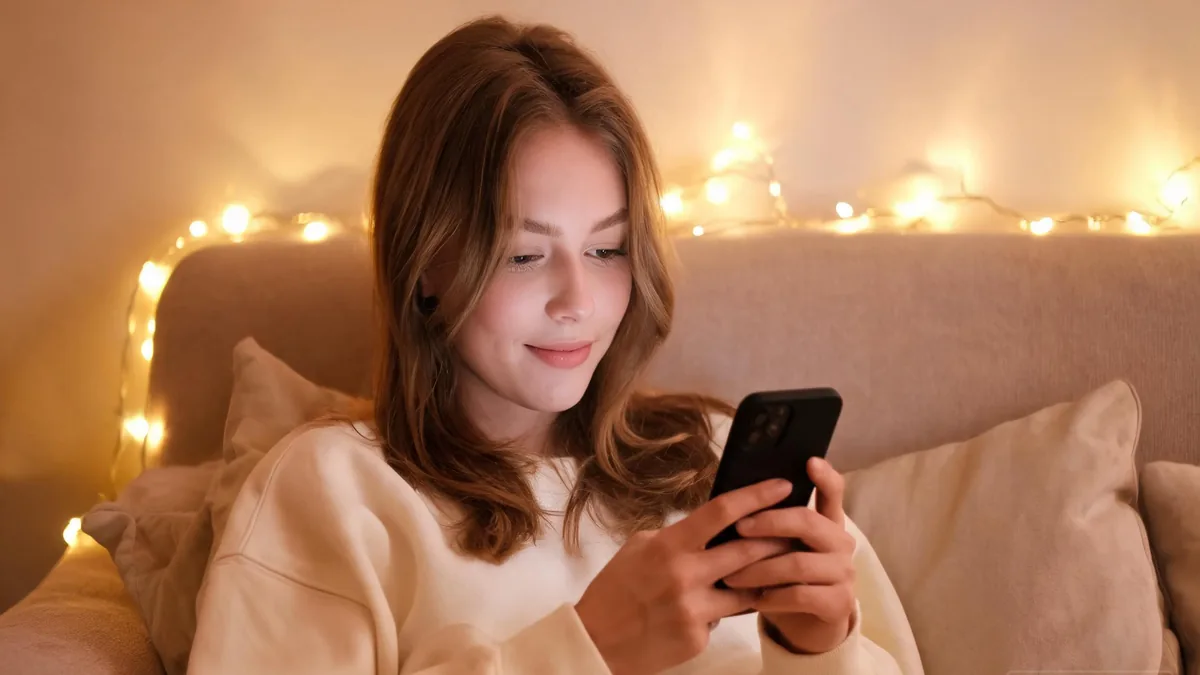 Uncensored AI chat companion relaxing on a cozy couch with her phone in soft warm evening light, an open intimate conversation made for grown adults