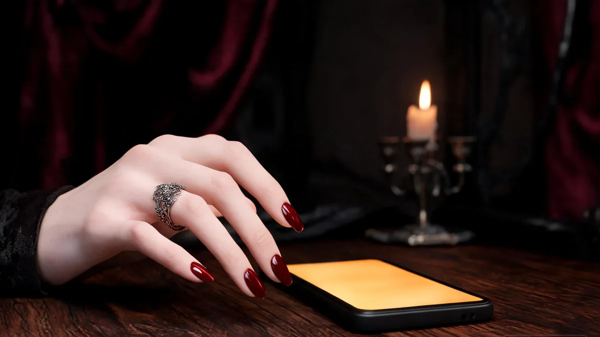 Vampire AI girlfriend companion experienced through a chat app, a pale elegant hand with deep red manicure beside a softly glowing phone in a candlelit gothic interior