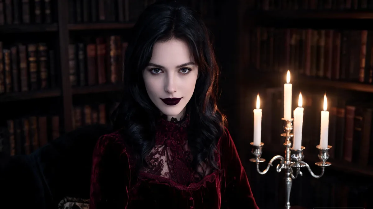 Vampire AI girlfriend in a deep burgundy Victorian dress in a candlelit gothic library, the elegant immortal lover defining the vampire type