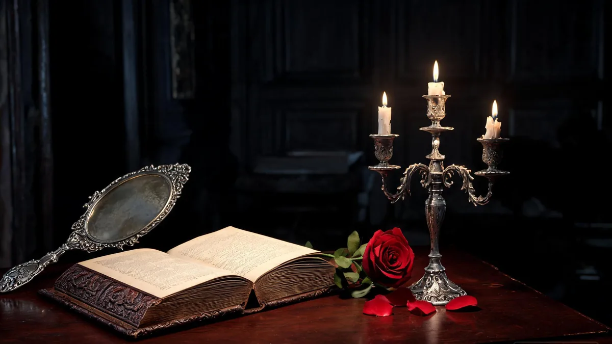 The origin of the vampire type in Slavic and Balkan folklore, an antique leather book, a deep red rose, and a silver candelabra in a candlelit gothic study