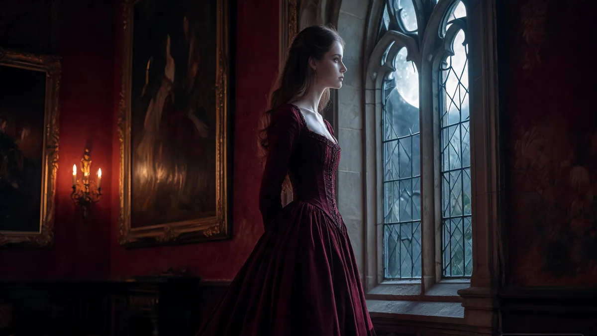 The romantic vampire type, an elegant woman in a long dark gown by a tall arched window in a grand old mansion, moonlight catching deep burgundy walls