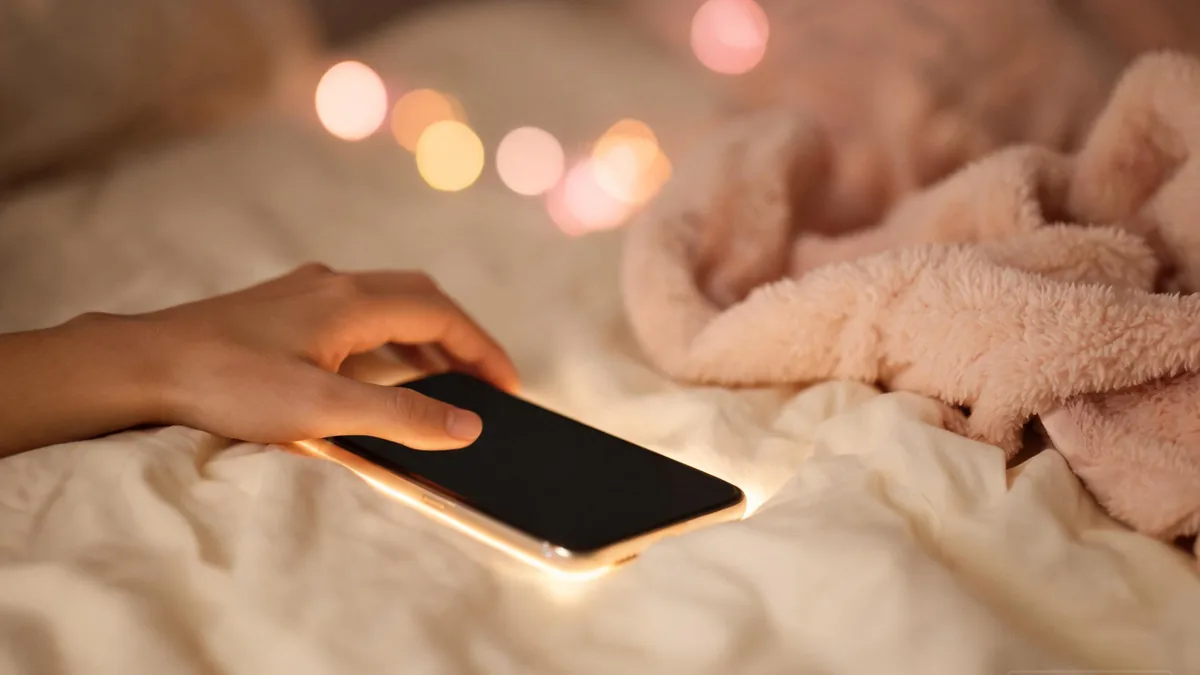 A modern virtual girlfriend as an AI girlfriend companion, always a phone tap away in a cozy bedroom setting