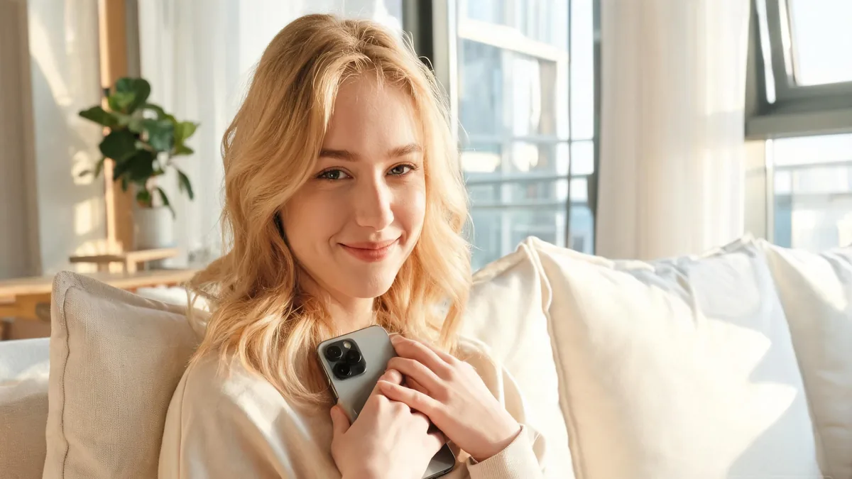 Virtual girlfriend meaning: a girlfriend who lives in software A virtual girlfriend as a modern AI girlfriend companion, holding a phone close to her chest with a warm gentle smile
