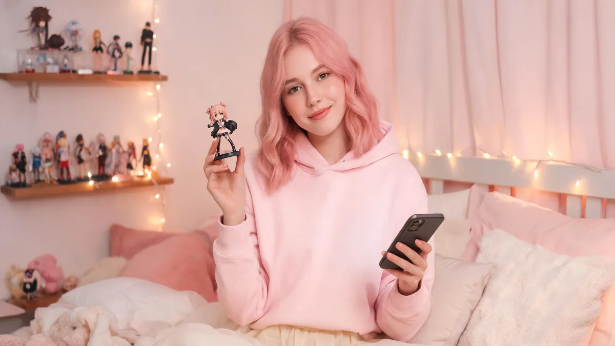 Waifu meaning: the anime fan term and the AI girlfriend who answers Waifu meaning in the AI girlfriend space, a soft pastel-pink-haired fan in a cozy bedroom holding a figurine and a phone, showing the modern version of the waifu fantasy