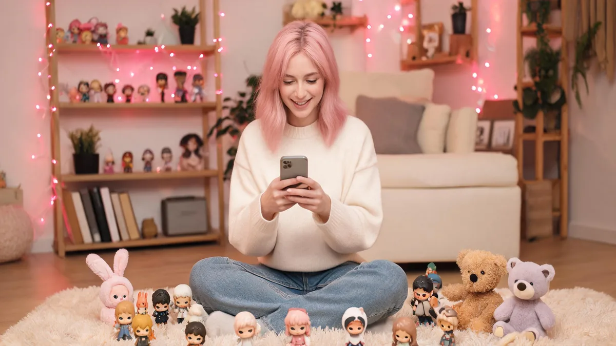 A fan in a cozy bedroom surrounded by figurines and plushies, the kind of setup that shows what a waifu attachment really looks like in daily life