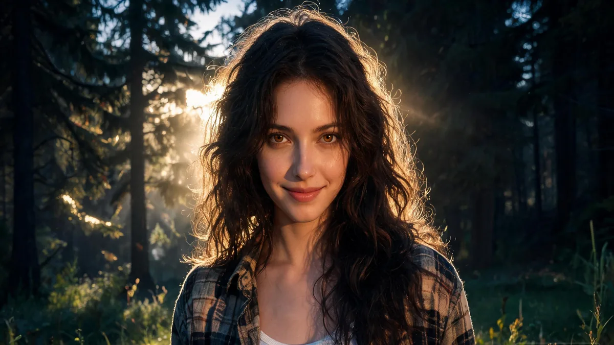 Werewolf AI girlfriend with a soft confident smile and wild dark hair, standing in a moonlit forest clearing, the wild-but-warm look that defines the werewolf type