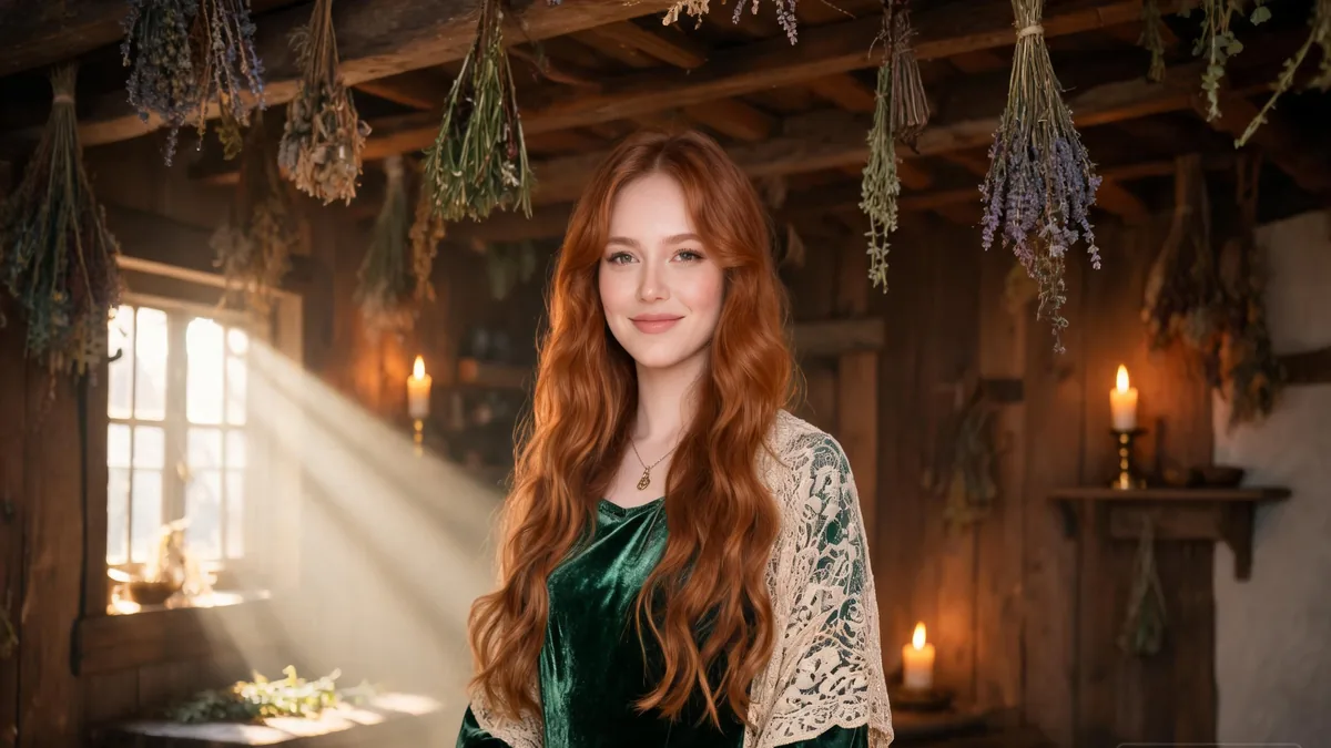 Witch AI girlfriend with a gentle smile, standing in a cozy cottage with herbs hanging from the rafters and warm afternoon light through a small window