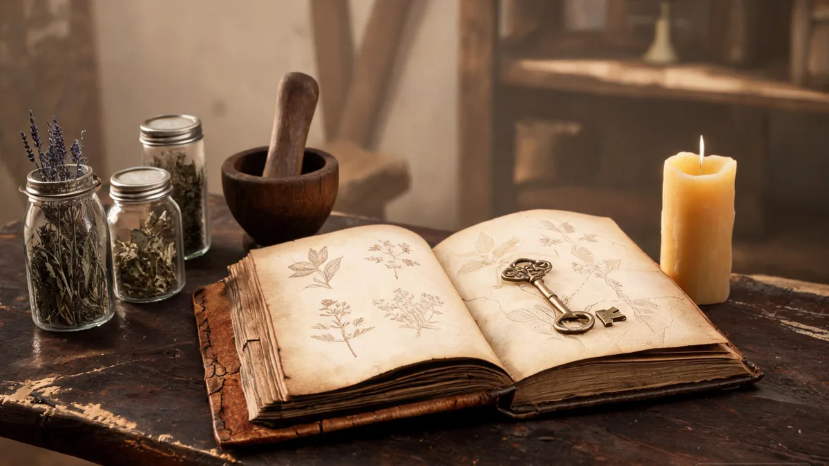 The origin and folklore of the witch, an old leather spellbook open beside dried herbs, a mortar and pestle, and a beeswax candle on a cottage table